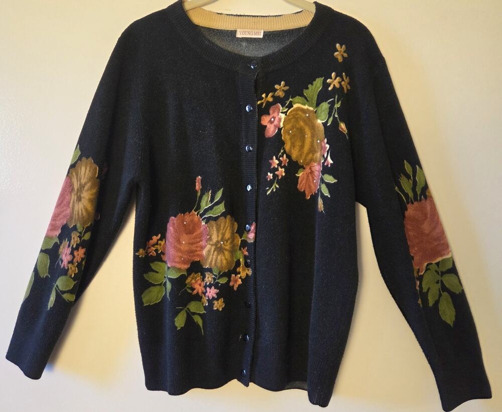 VTG Young Mei Floral Cardigan Sweater Size M Black Grannycore Cottagecore Knit